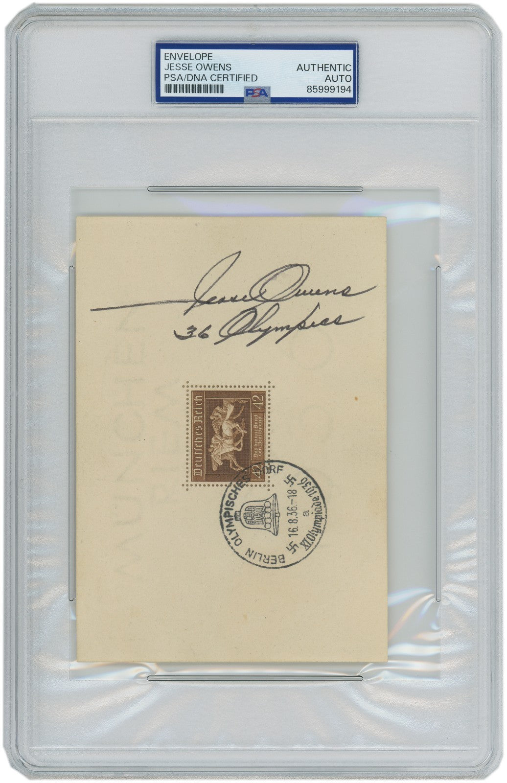 Jesse Owens Signed &amp; Inscribed Berlin Olympics Envelope, August 16 1936. PSA1
