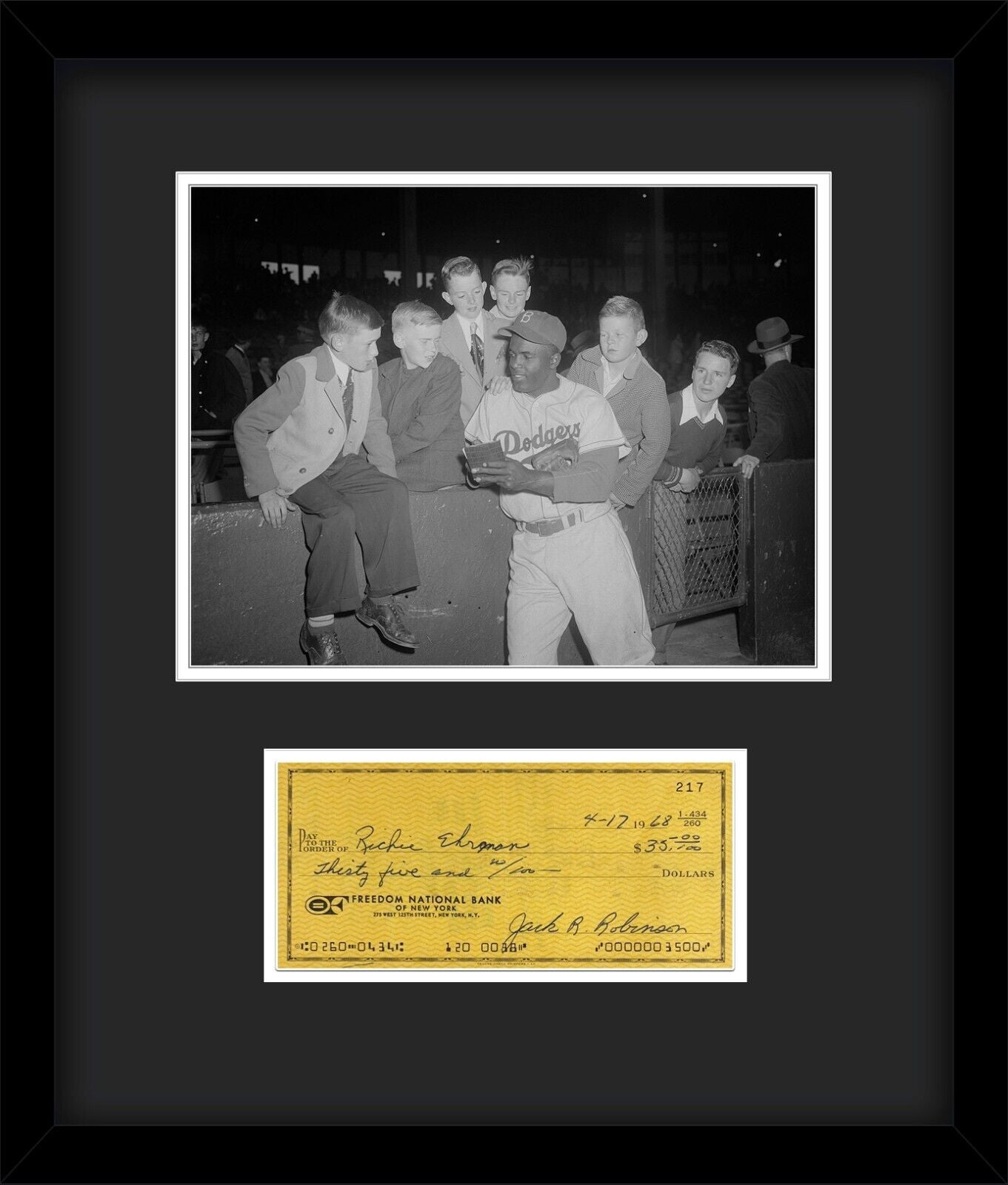 Jackie Robinson Signature, Signed Check Autograph Display. Auto JSA