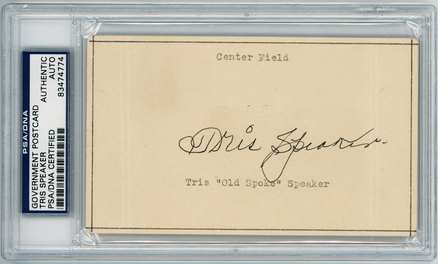 Tris Speaker Signed 1949 Government Postcard, GPC. PSA1