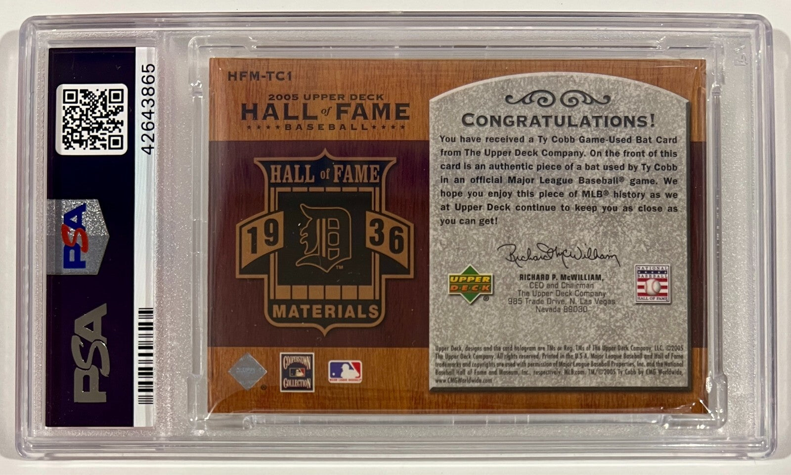 2005 Ty Cobb Upper Deck Hall of Fame Game Used Bat, LE /25. PSA 8.51