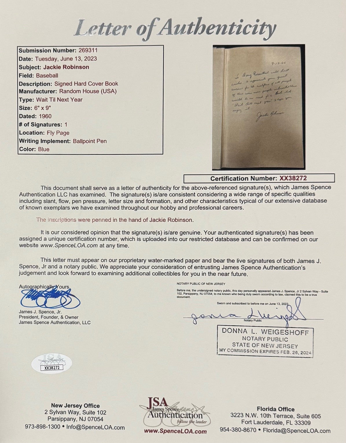 Jackie Robinson Signed &amp; Inscribed First Edition, Wait Till Next Year.6