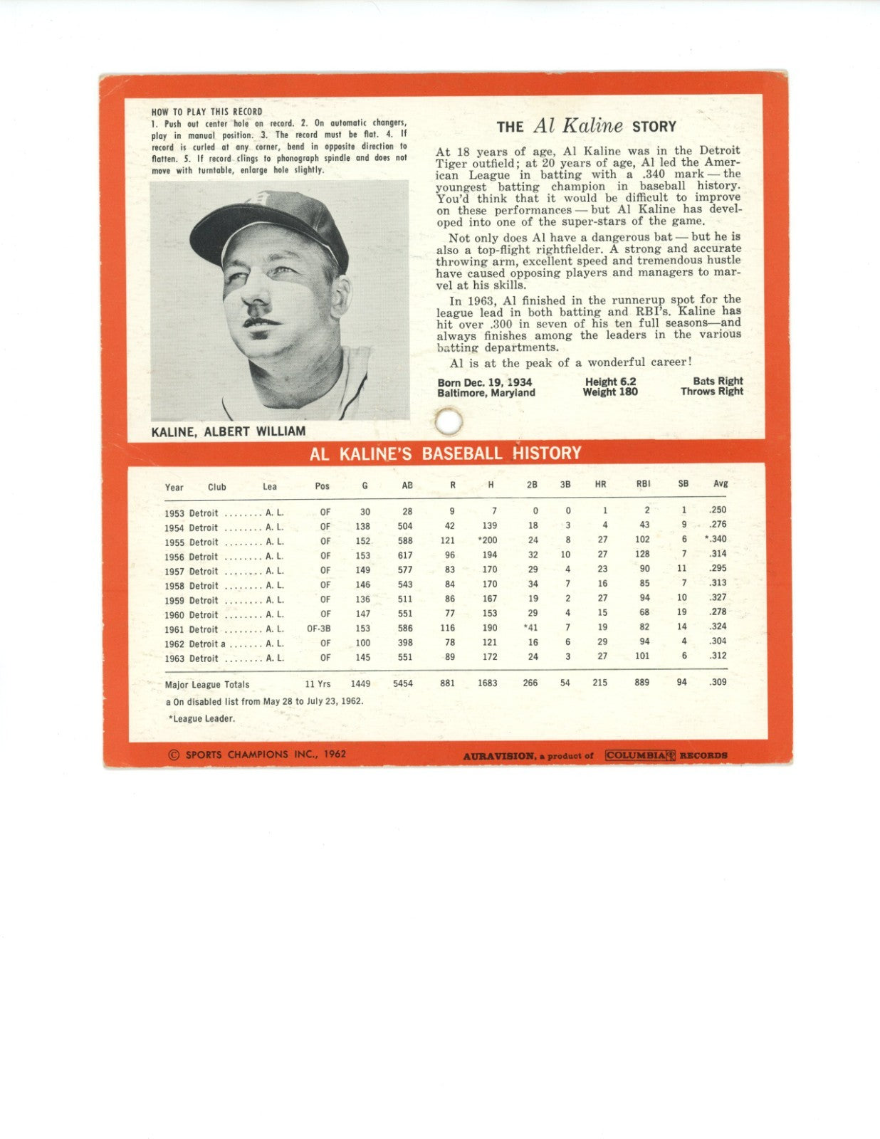 1964 Al Kaline Auravision Record, Detroit Tigers0