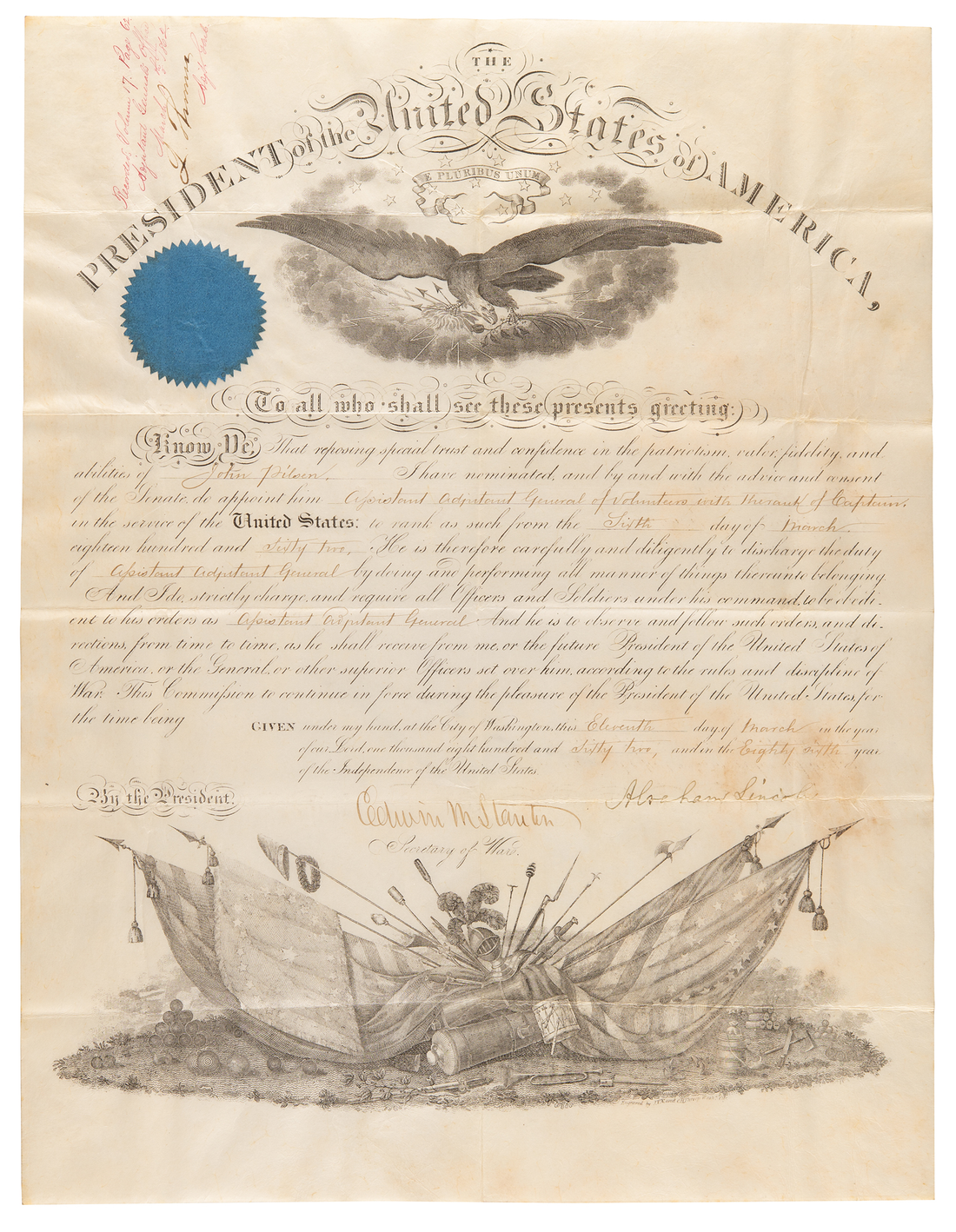 Abraham Lincoln Signed Document, Civil War era Military Appointment. Custom Framed