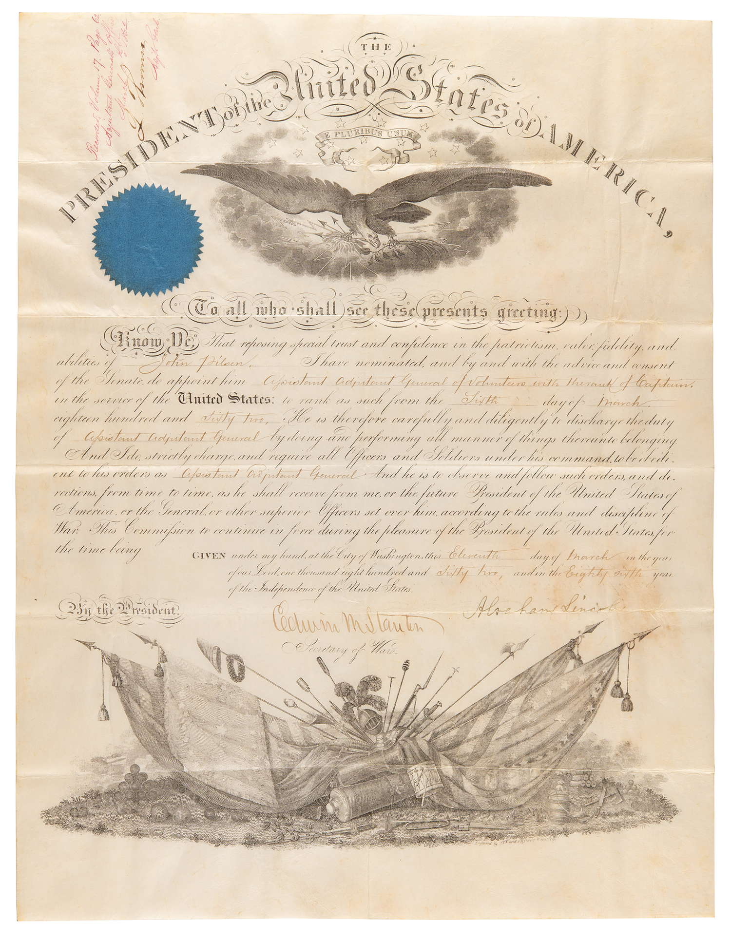 Abraham Lincoln Signed Document, Civil War era Military Appointment. PSA