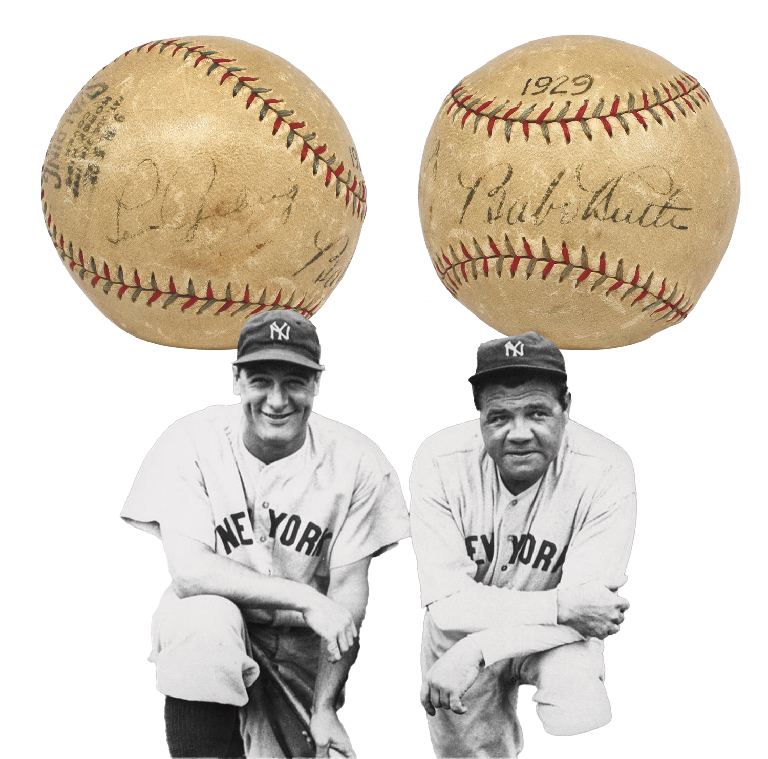Babe Ruth &amp; Lou Gehrig Dual Signed Baseball. 1929 New York Yankees. PSA/DNA