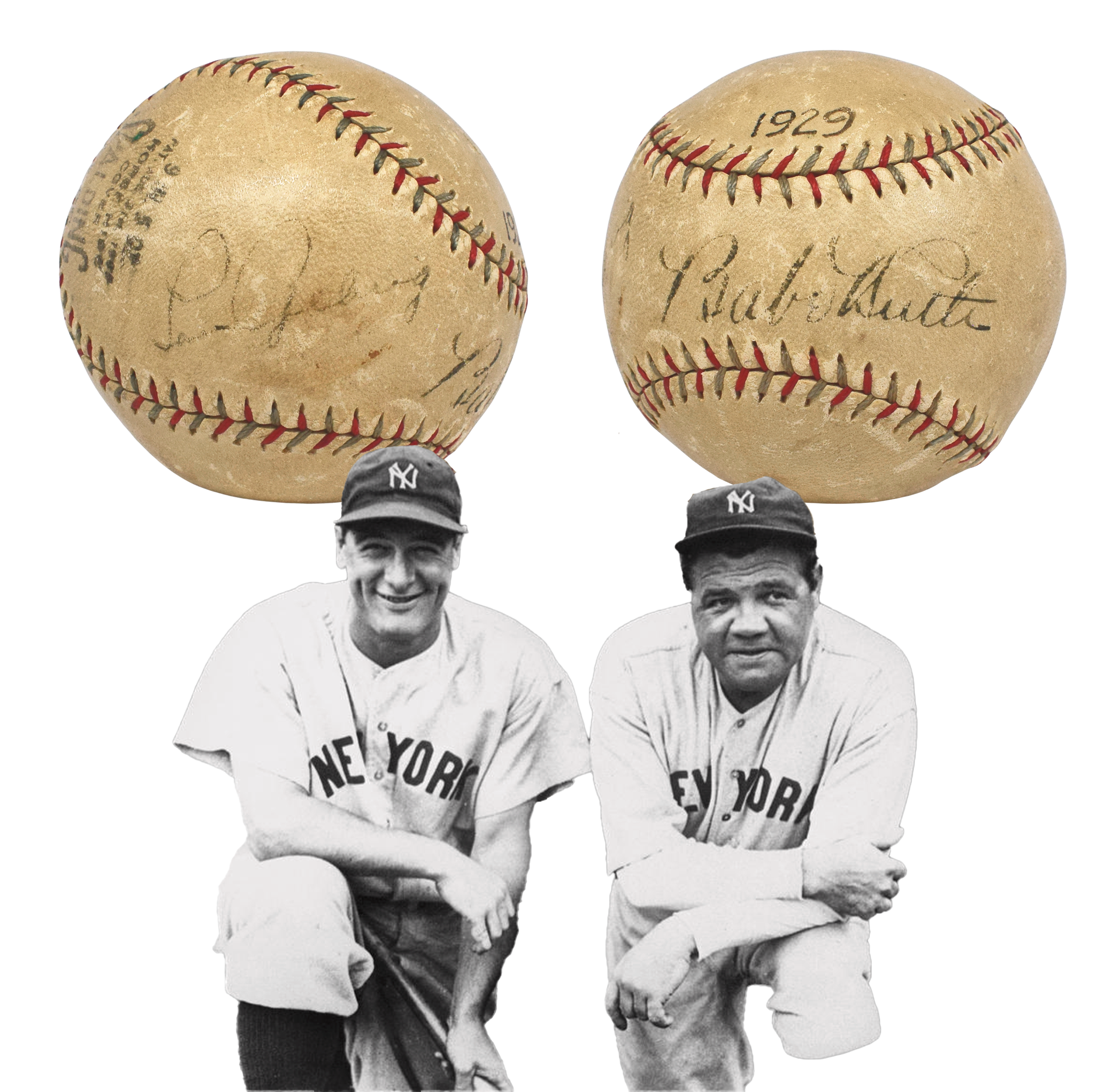 Babe Ruth &amp; Lou Gehrig Dual Signed Baseball. 1929 New York Yankees. PSA/DNA