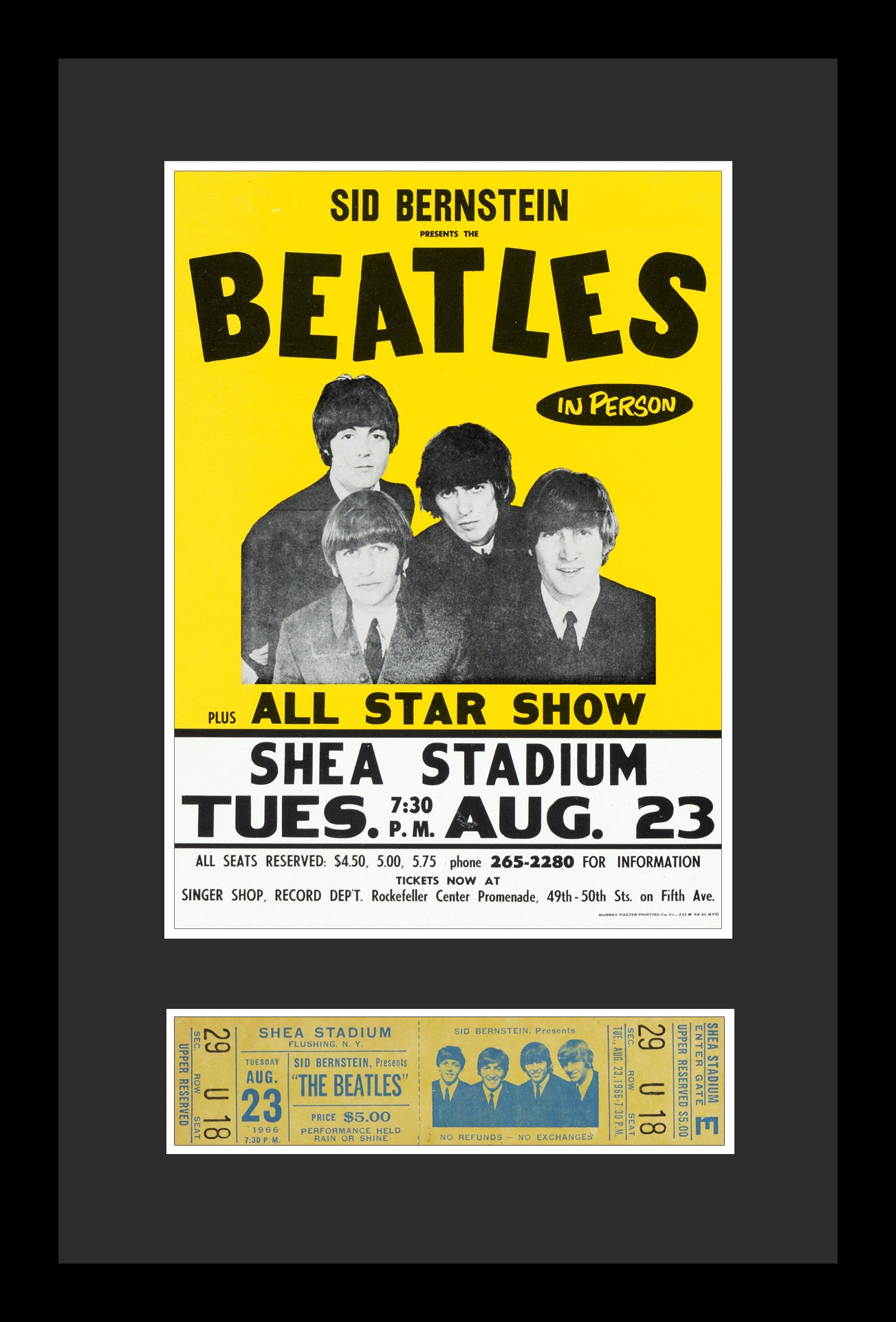 The Beatles 1966 Shea Stadium Concert Display, Original Ticket and Poster.