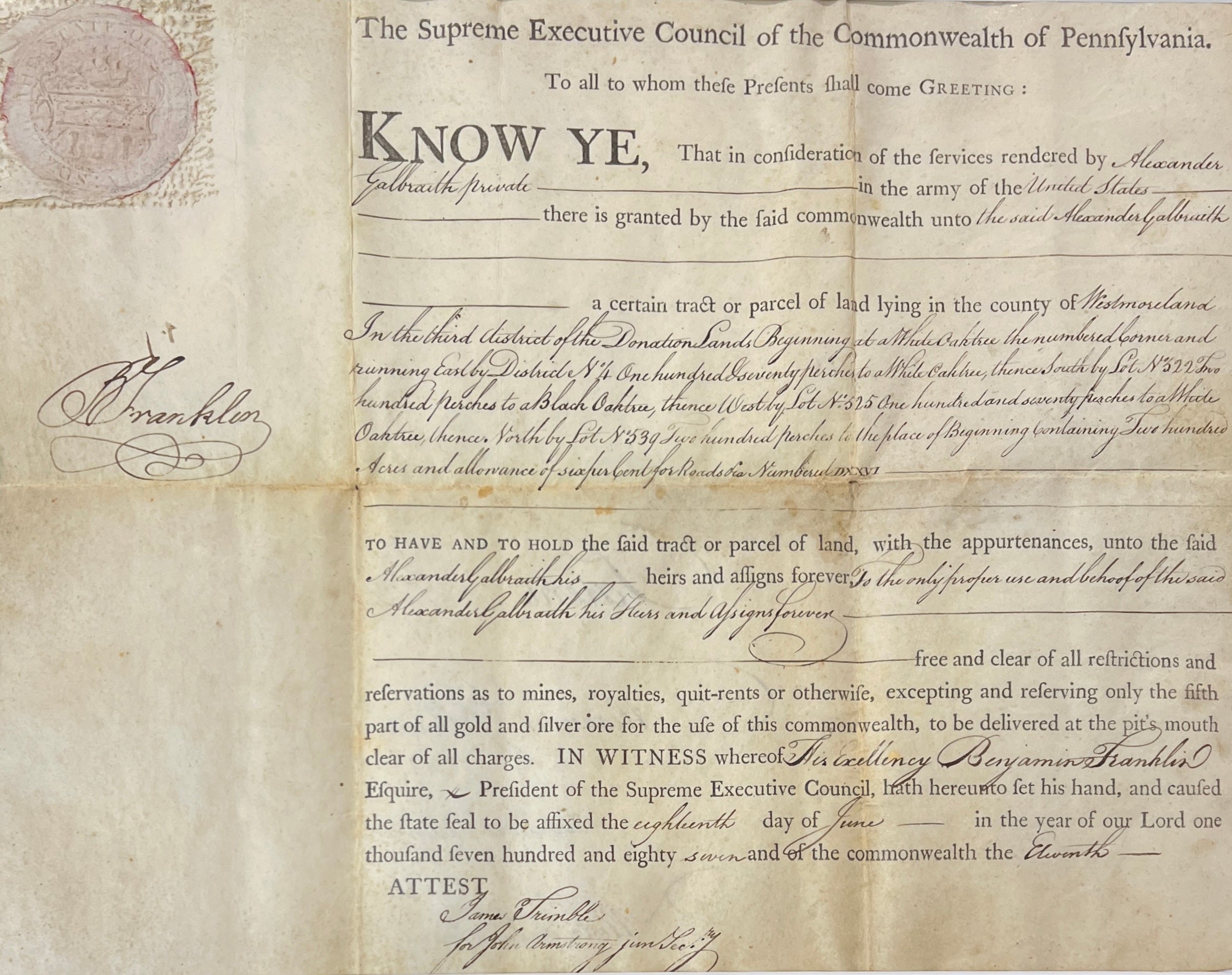 Benjamin Franklin Signed 1787 Original Document