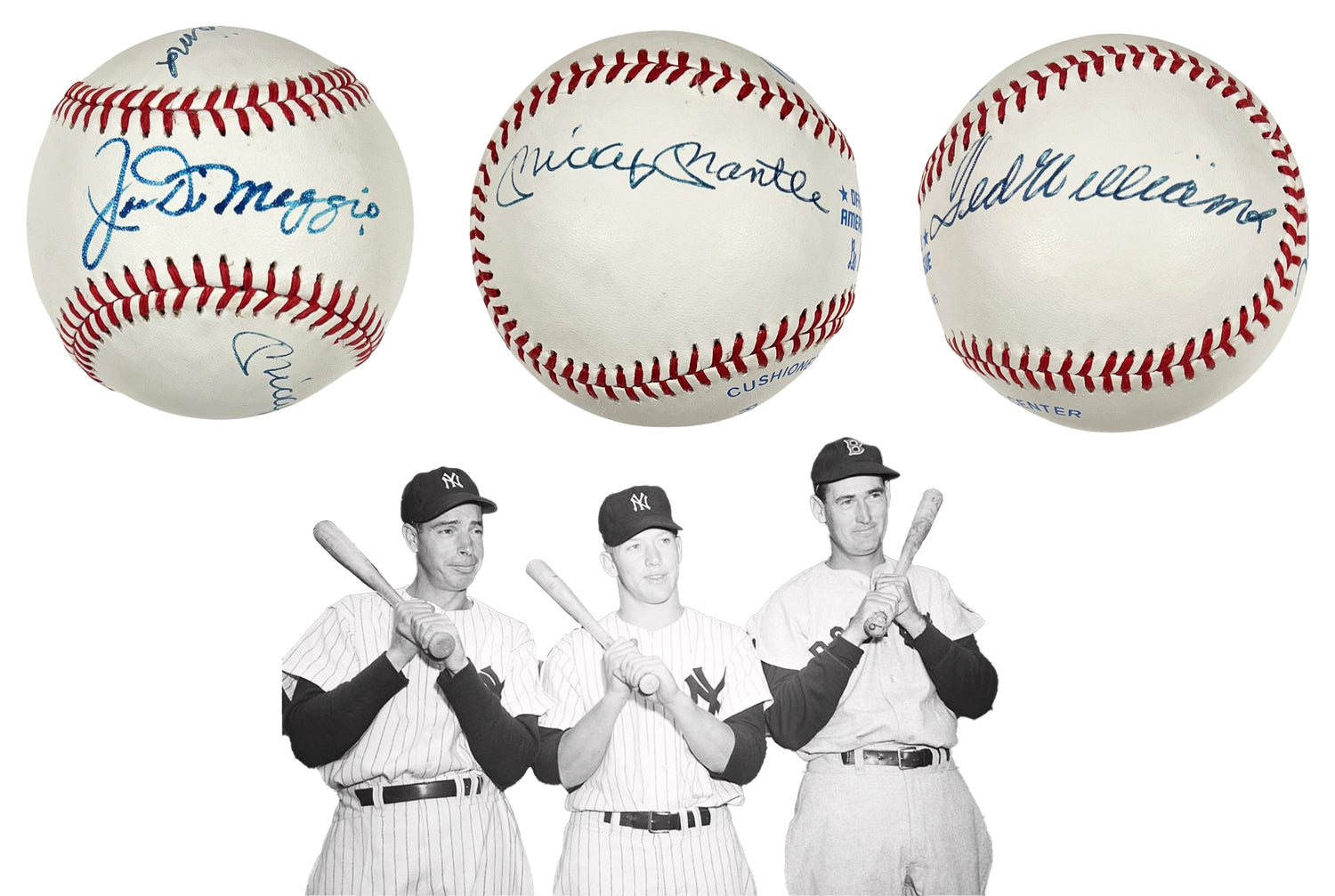 Mickey Mantle, Joe DiMaggio, &amp; Ted Williams Signed Baseball. JSA