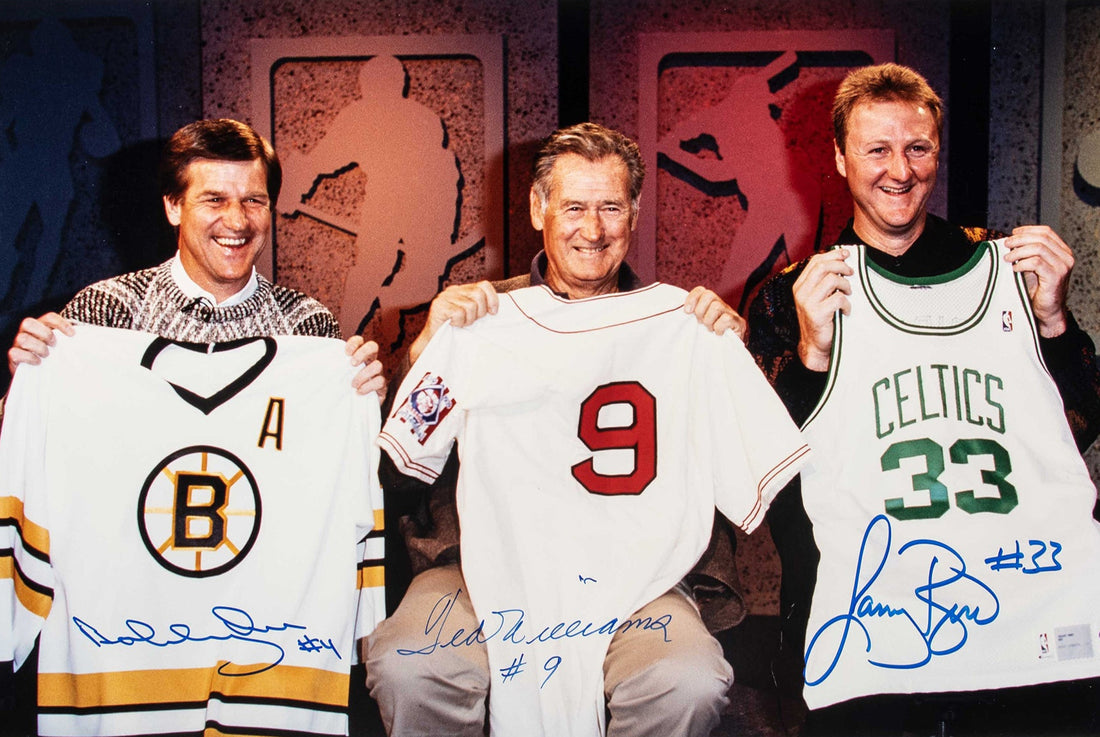 Ted Williams, Bobby Orr, Larry Bird Signed Photo, Boston Legends. JSA