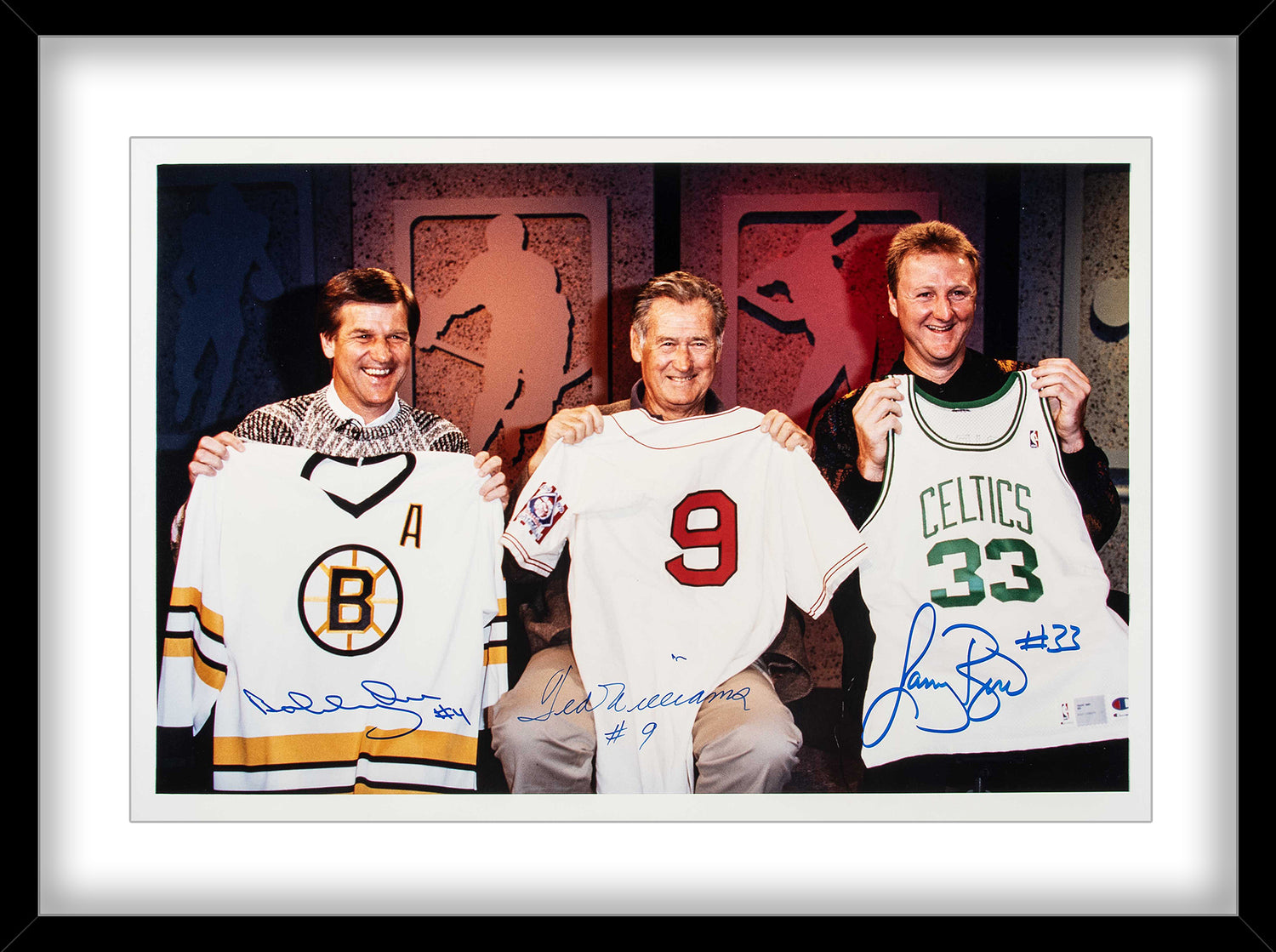 Ted Williams, Bobby Orr, Larry Bird Signed Photo, Boston Legends. JSA
