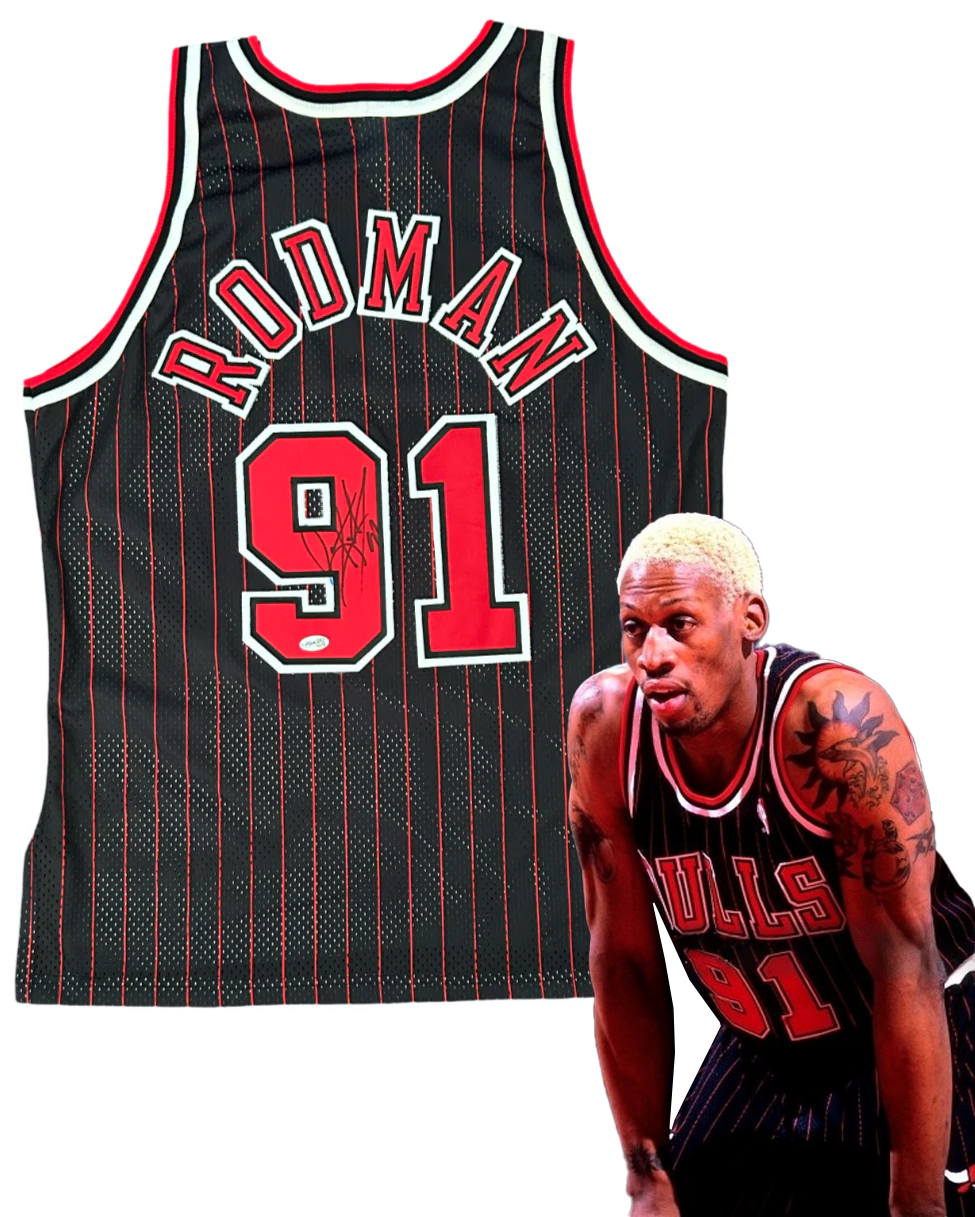 Dennis Rodman Signed Jersey. Chicago Bulls Pinstripe Champion 48 JSA