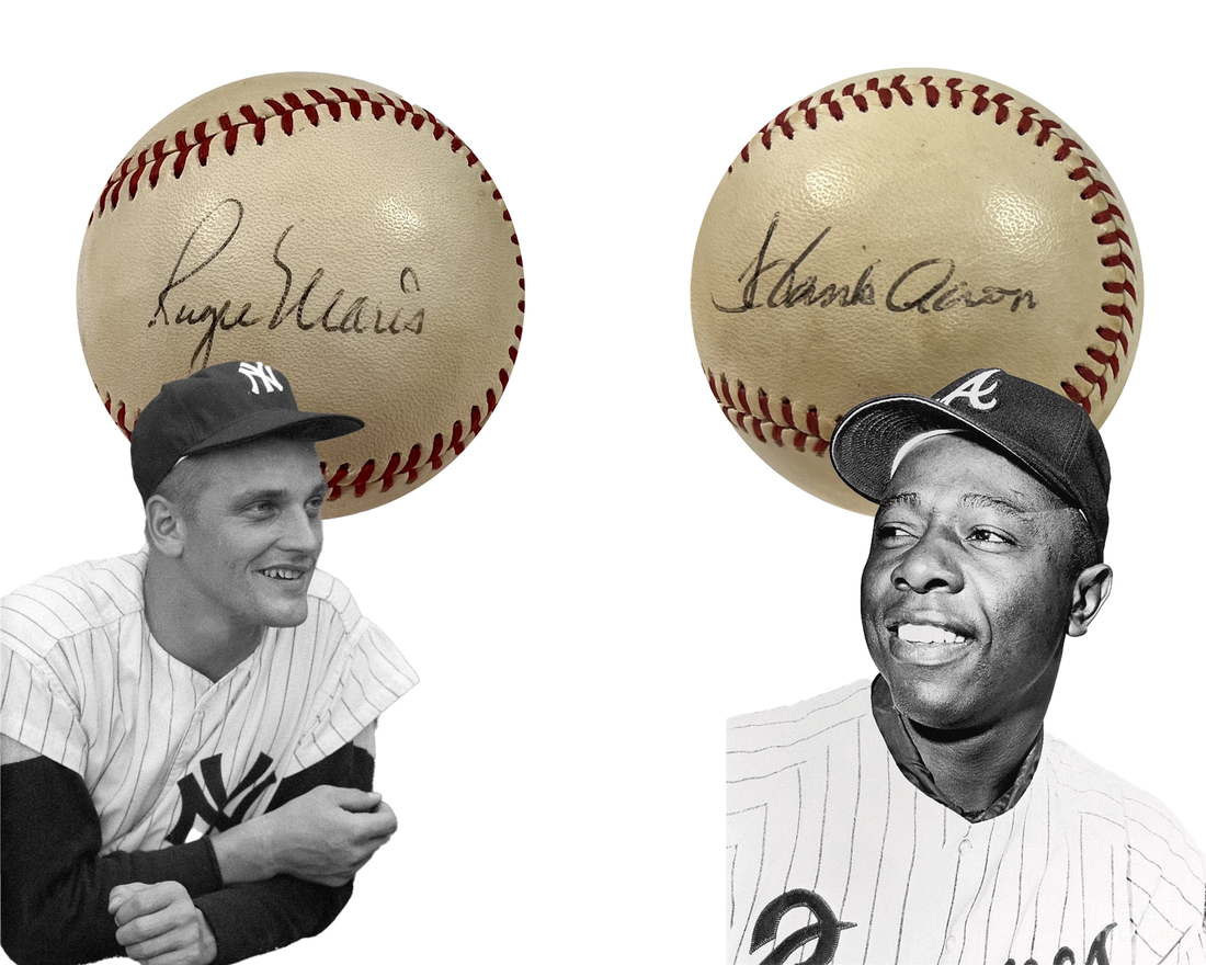 Hank Aaron &amp; Roger Maris Signed Baseball. Home Run Kings. PSA LOA