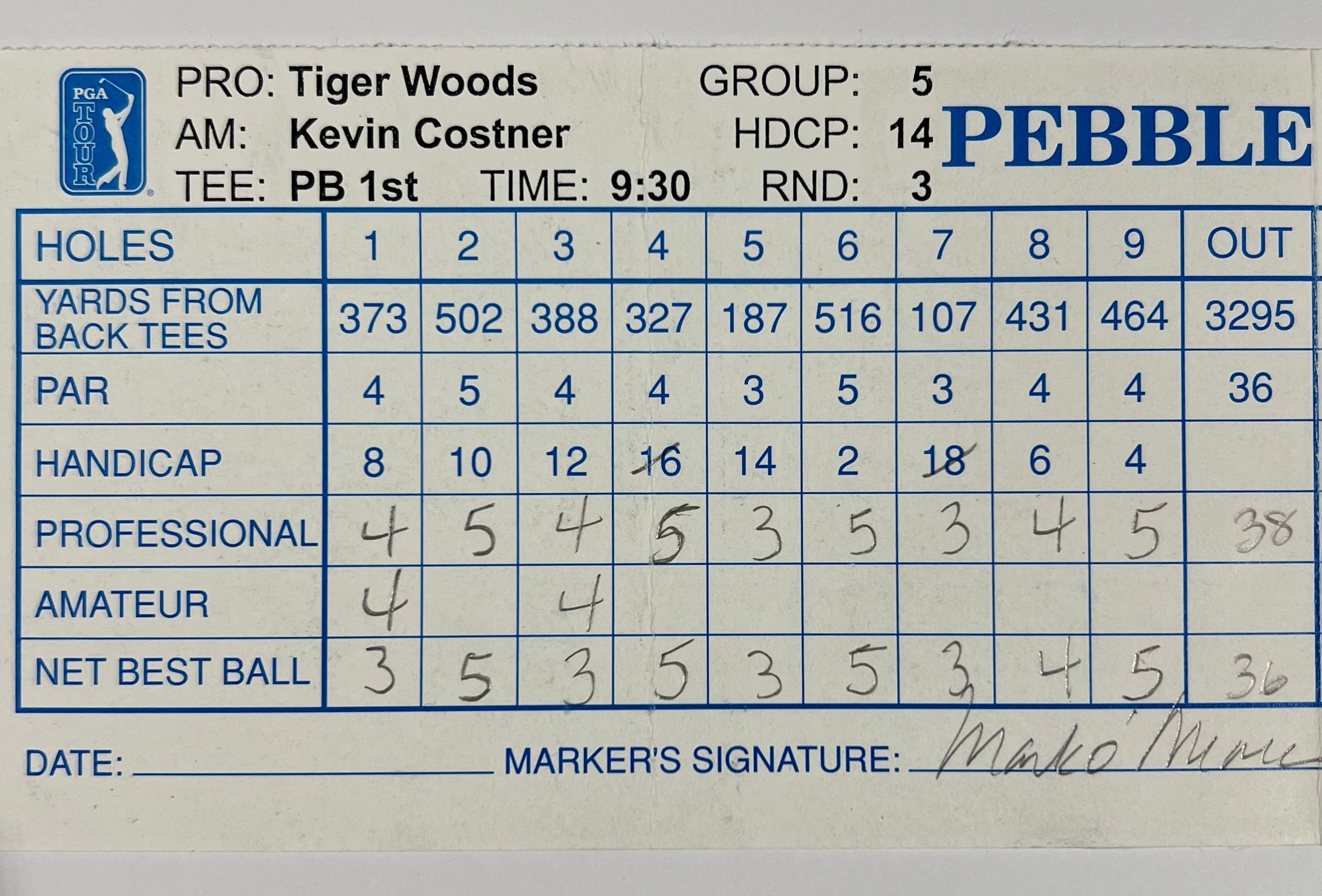 1997 Tiger Woods Signed Match Scorecard, Pebble Beach Pro-Am. Auto JSA