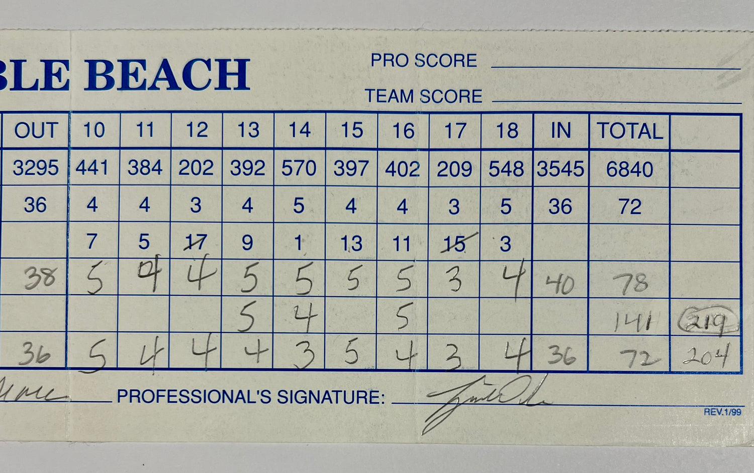 1997 Tiger Woods Signed Match Scorecard, Pebble Beach Pro-Am. Auto JSA