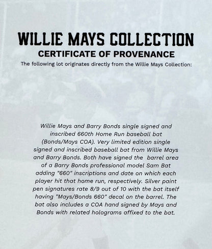 Rare Willie Mays &amp; Barry Bonds Dual Signed Limited Edition Bat from Mays Estate.