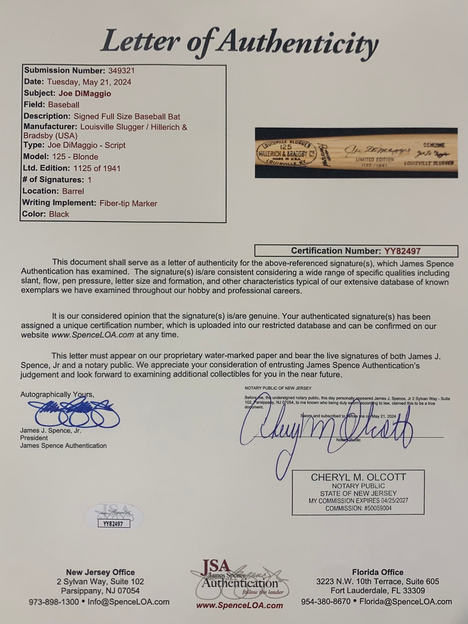 Joe DiMaggio Signed Louisville Slugger Bat, Limited Edition 1941. Auto JSA