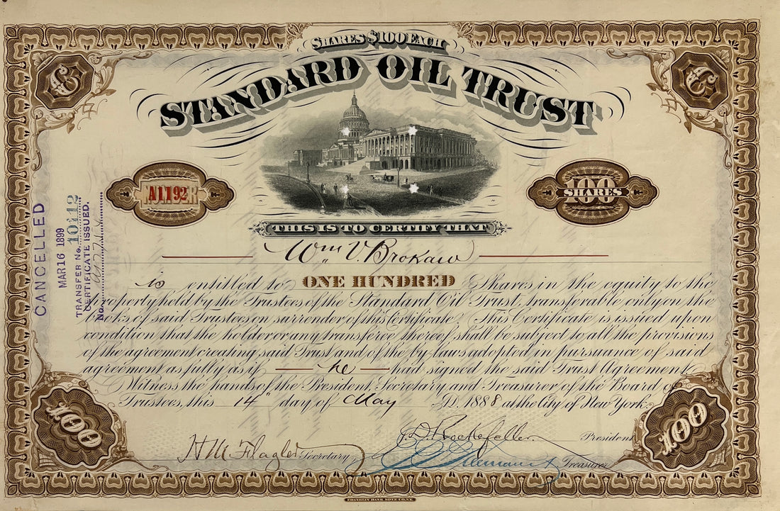 John D. Rockefeller Signed Standard Oil Stock Certificate. Signature Autograph