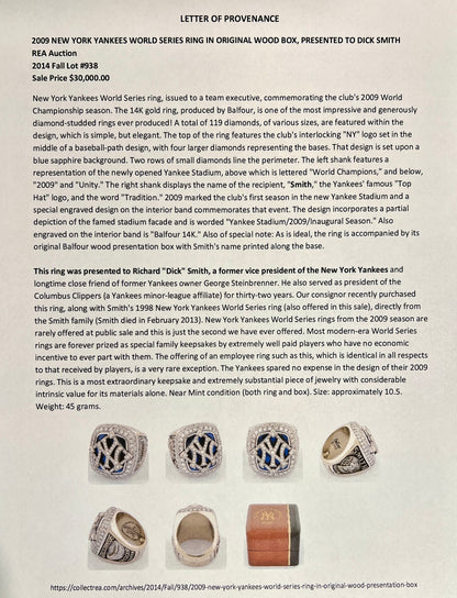 2009 New York Yankees World Series Championship Ring with Original Box, Balfour