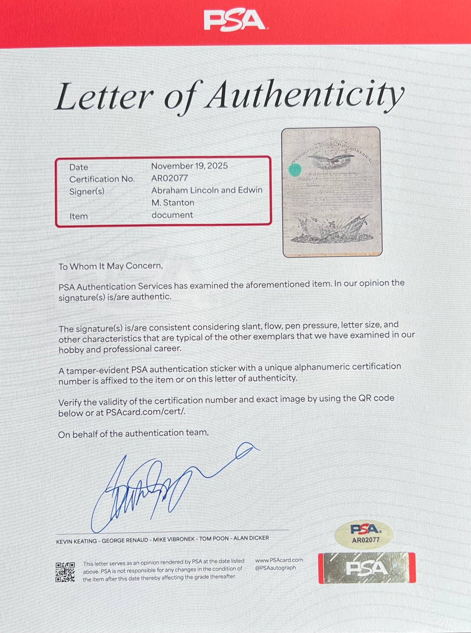 1864 Abraham Lincoln Signed Civil War Document PSA