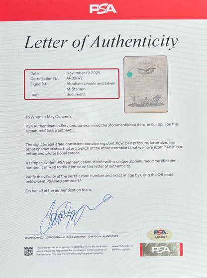 1864 Abraham Lincoln Signed Civil War Document PSA