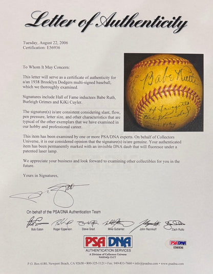 Rare Babe Ruth Signed Official Night Game Baseball, 1938 Dodgers. Auto Grade 8
