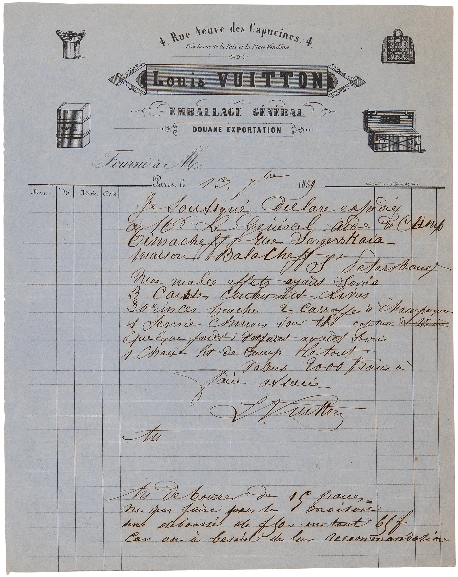 1859 Louis Vuitton Handwritten and Signed LV Invoice, Detailing Shipment to Russian Aristocrats