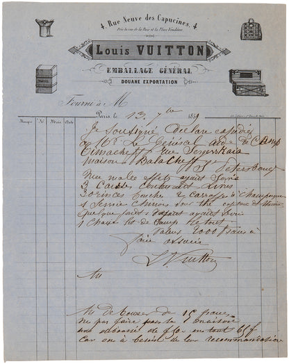 1859 Louis Vuitton Handwritten and Signed LV Invoice, Detailing Shipment to Russian Aristocrats