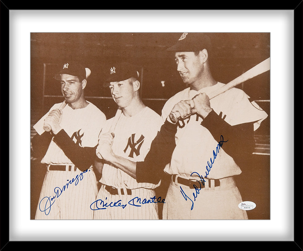 Mickey Mantle, Joe DiMaggio, Ted Williams Signed 11x14 Photo. Auto JSA
