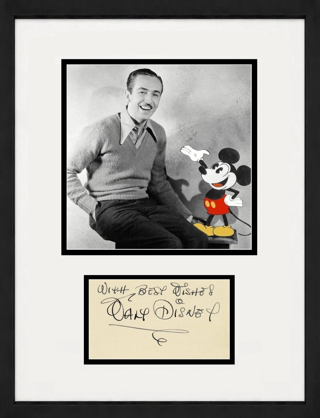 Walt Disney Signed Autograph Display. "Best Wishes" Inscribed Signature. JSA LOA