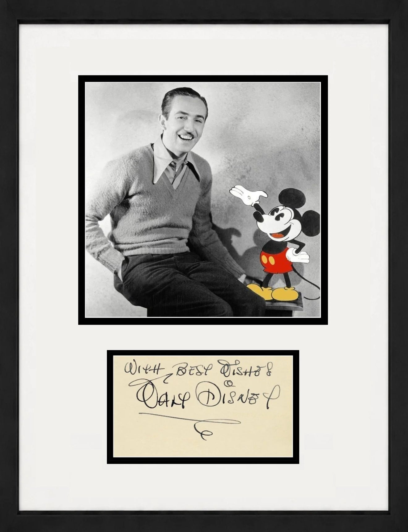Walt Disney Signed Autograph Display. "Best Wishes" Inscribed Signature. JSA LOA