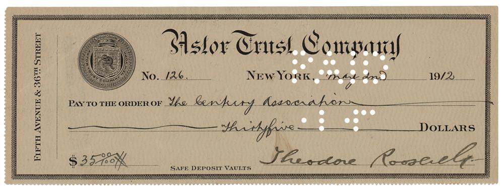 Theodore Roosevelt Signed Check, Autographed. PSA