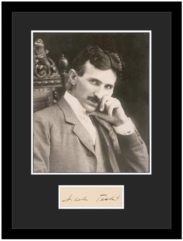 Nikola Tesla Autograph Exceedingly Rare, Custom Framed. PSA Authenticated.