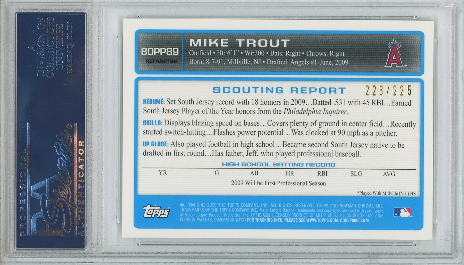2009 Mike Trout Bowman Chrome Rookie Auto XFractor BDPP89, PSA 9 Mint. /225