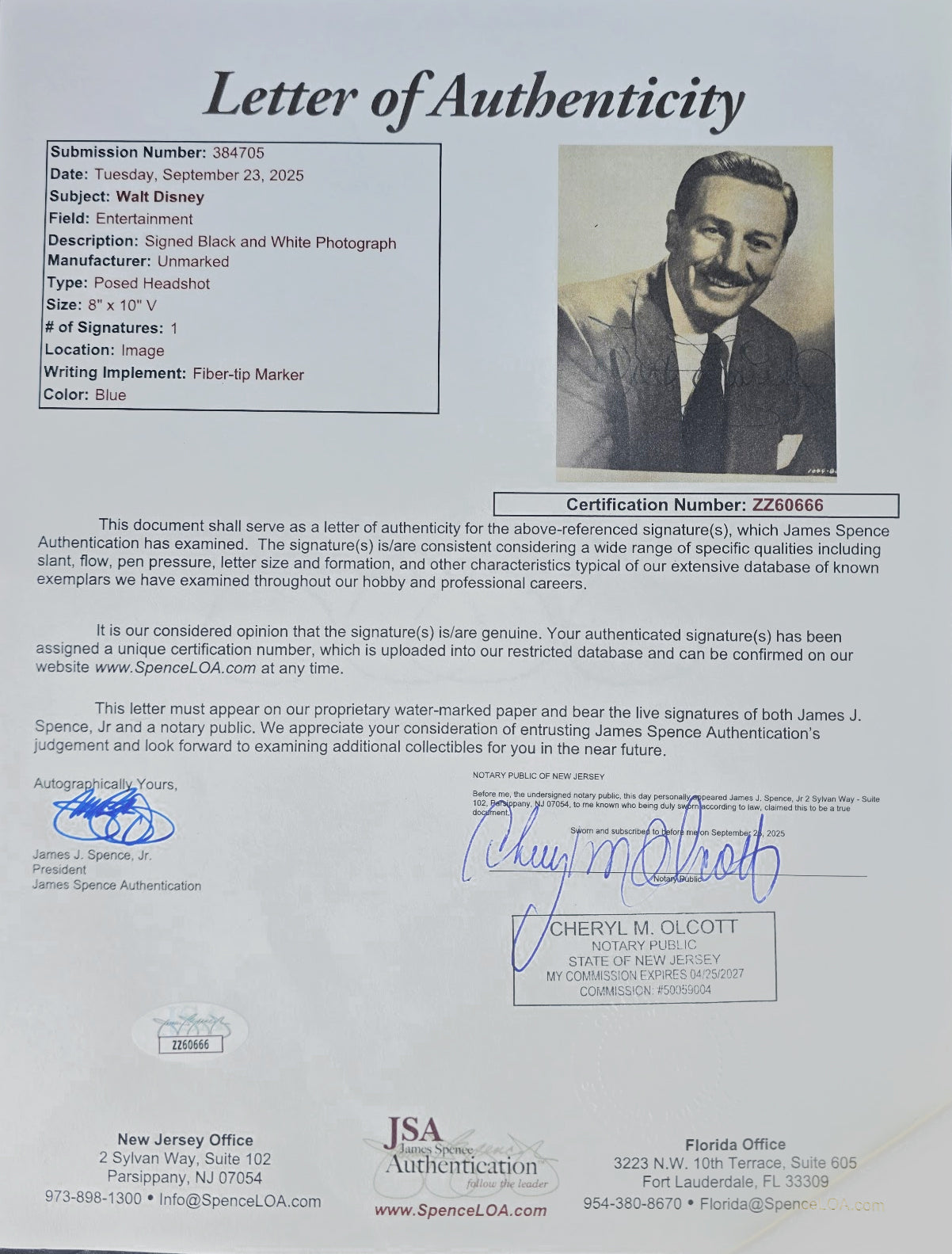 Rare Walt Disney Vintage Signed Photo. JSA