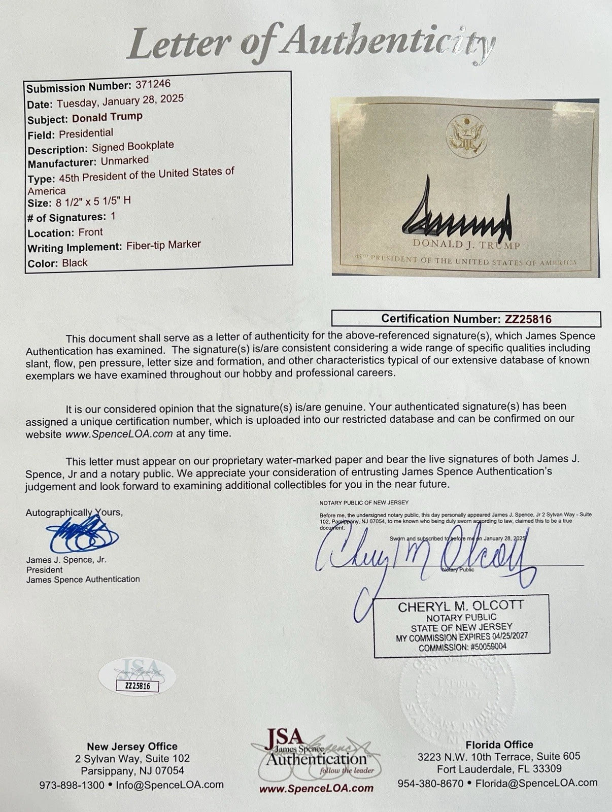 President Donald Trump Signed Autograph Display. PSA