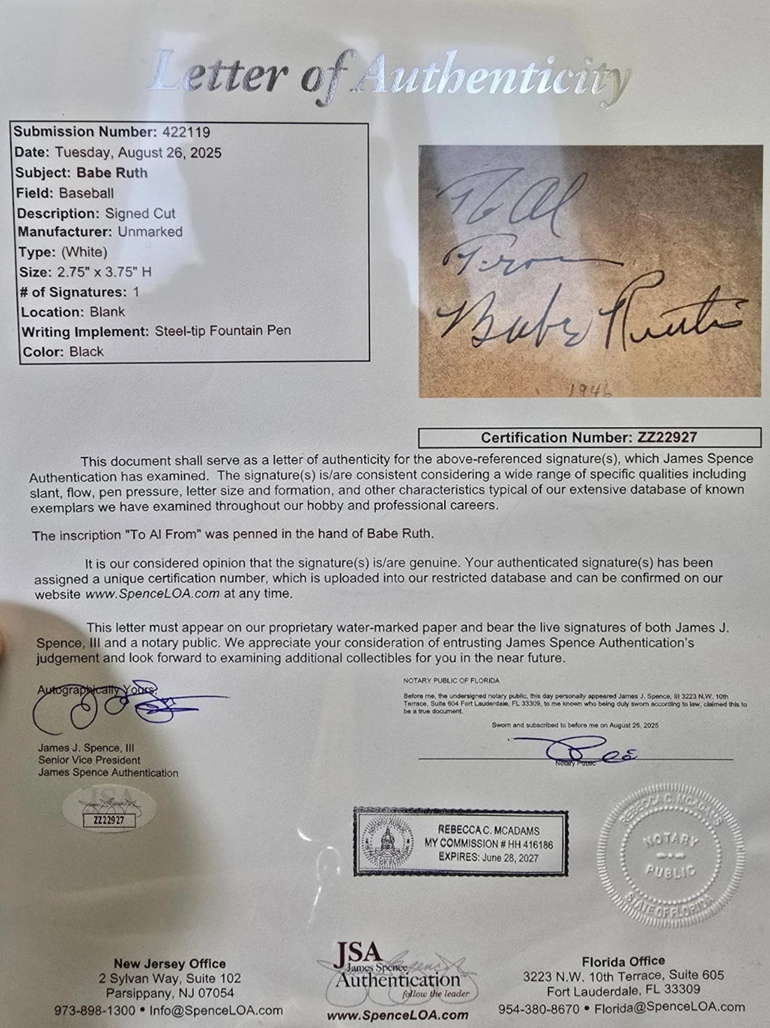 Babe Ruth Signed Autograph Display. Auto JSA
