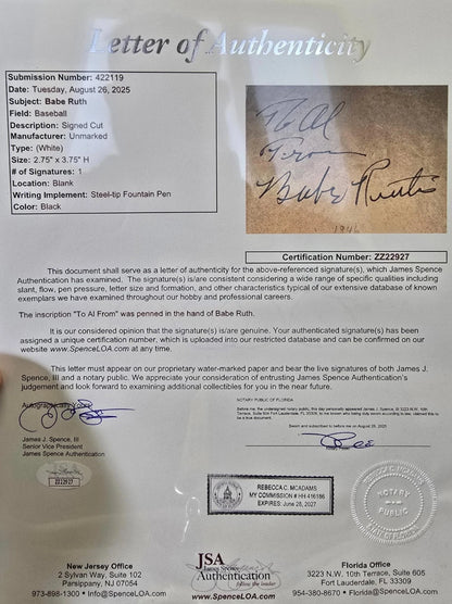 Babe Ruth Signed Autograph Display. Auto JSA