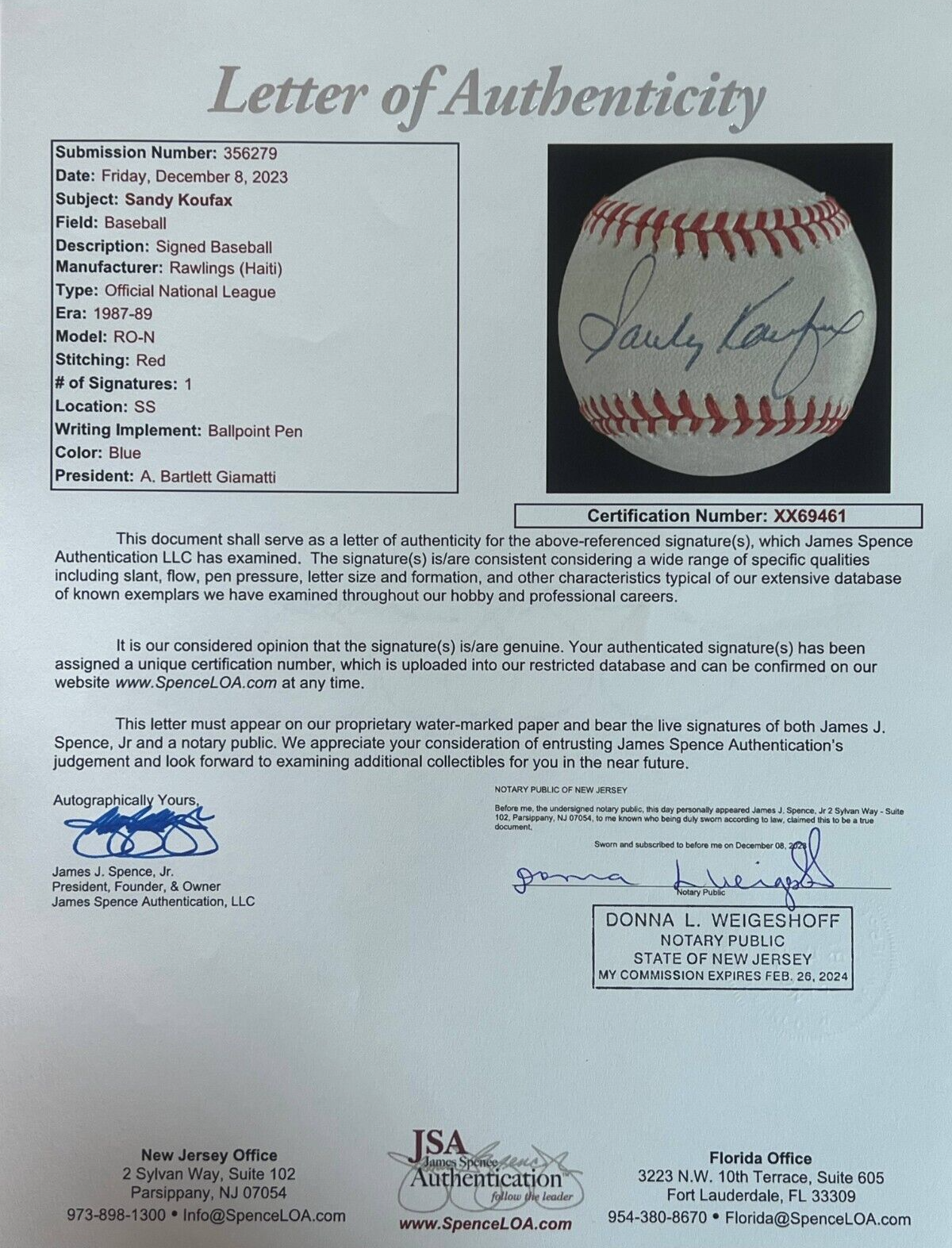 Sandy Koufax Single Signed Autograph Baseball. JSA signature