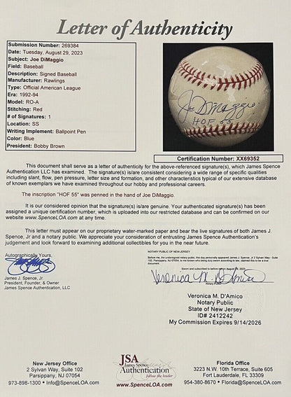 Joe DiMaggio Signed Baseball with HOF 55 Inscription. Hall of Fame. JSA