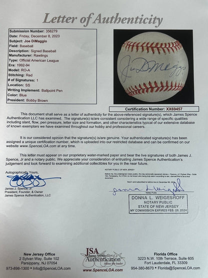Joe DiMaggio Single Signed Autograph Baseball New York Yankees JSA signature
