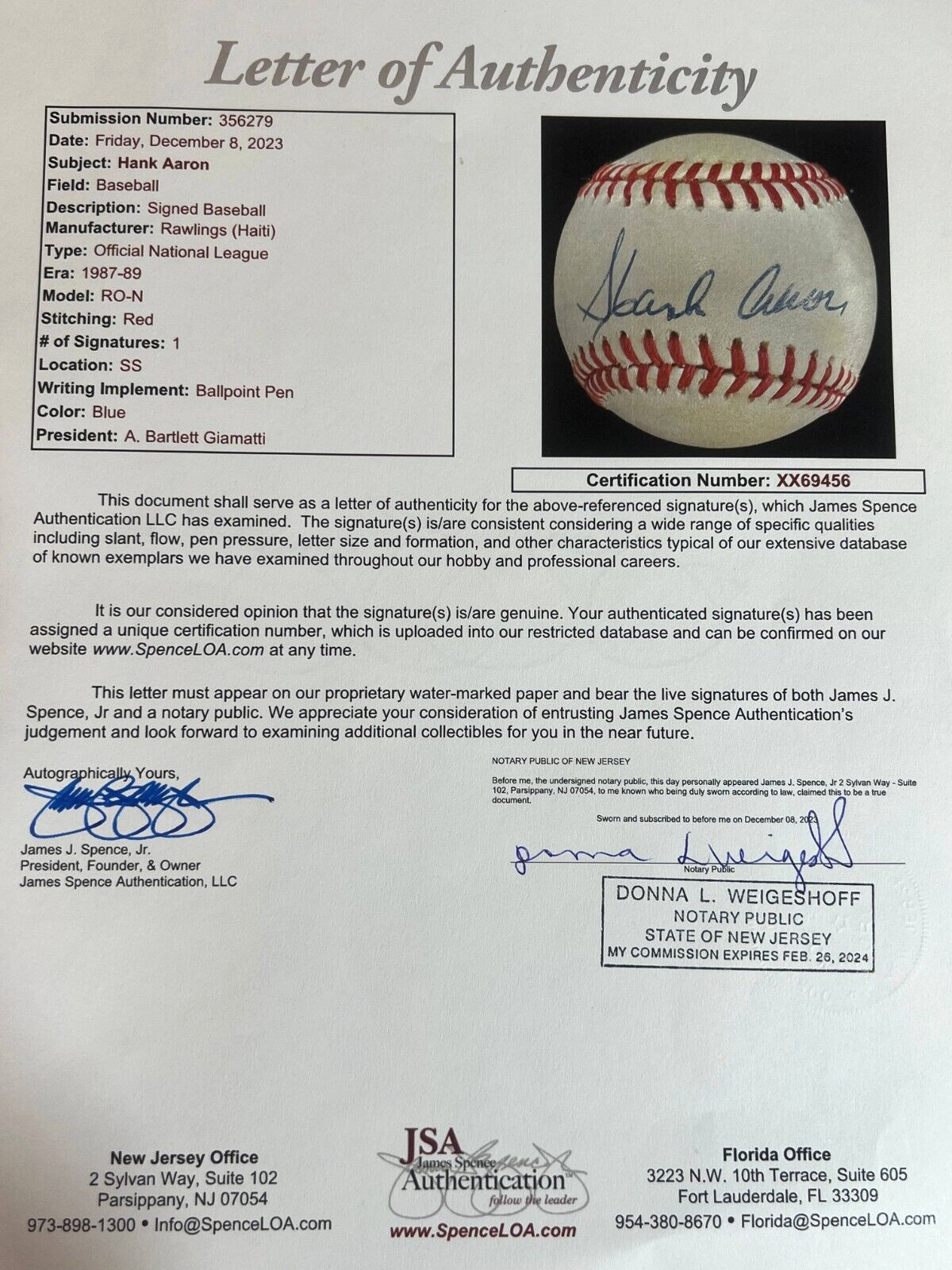 Hank Aaron Single Signed Autograph Baseball. Braves. JSA signature.