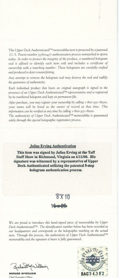 Julius Dr J Erving Signed Inscribed 8x10 Photo Auto Upper Deck Authenticated COA