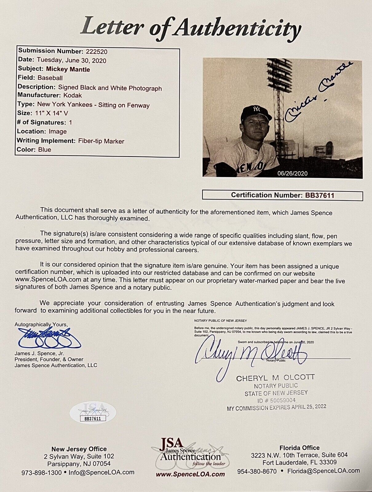 Classic Mickey Mantle Signed 11x14 Photo, Custom Framed NY Yankees. Auto PSA