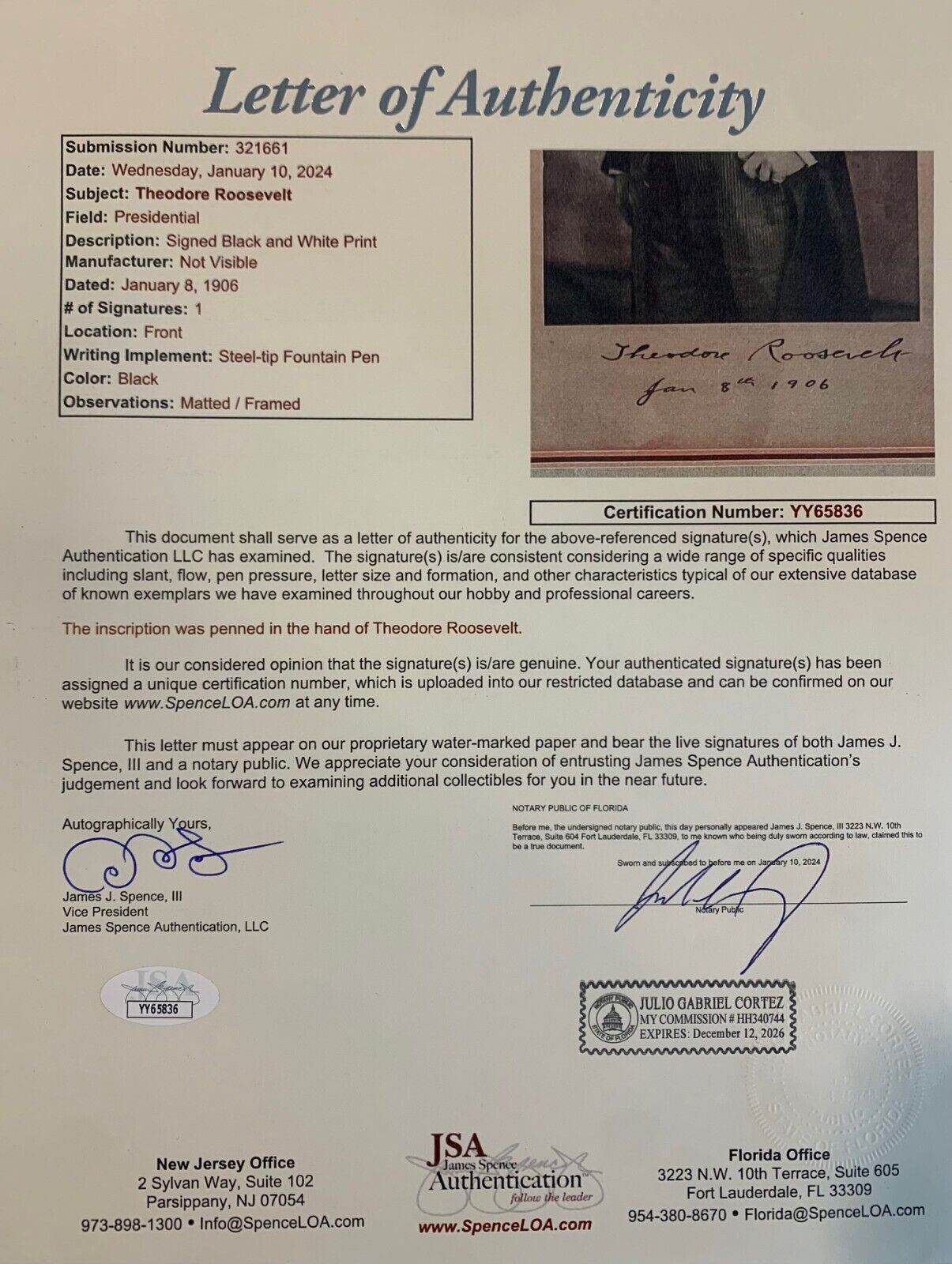 Rare President Theodore Roosevelt 1906 Signed &amp; Inscribed Photo, Oversize. JSA