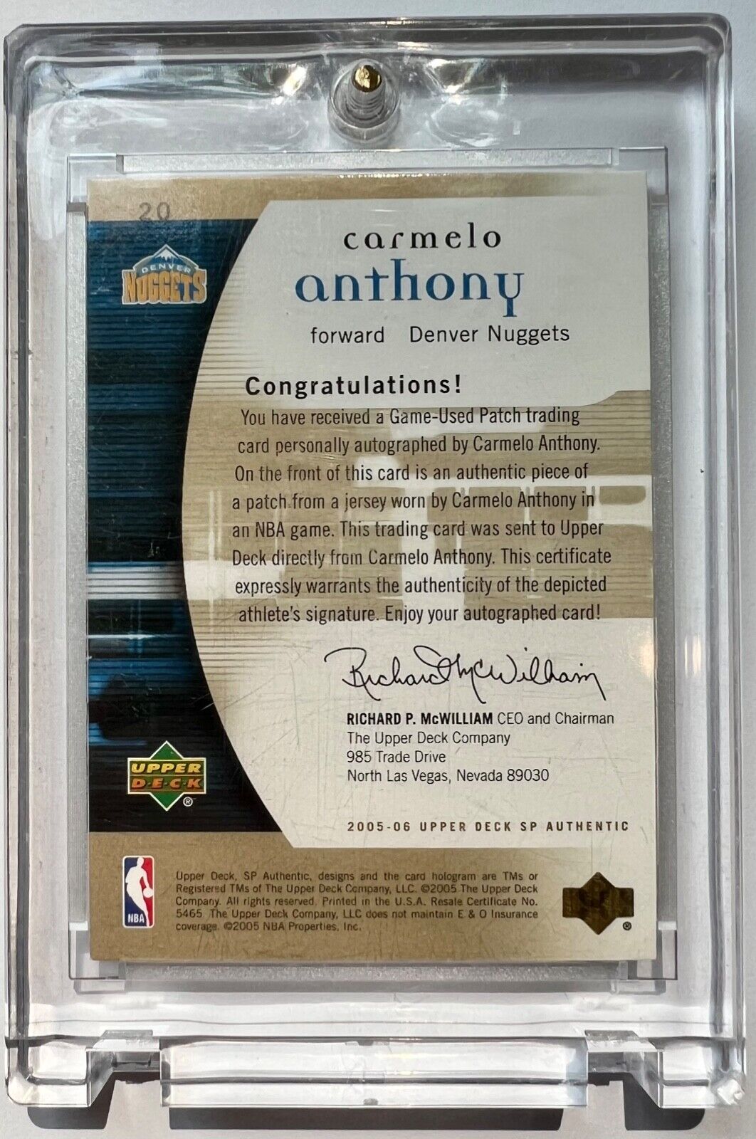 2005 Carmelo Anthony Upper Deck SP Authentic Patch Auto Extra Limited /25 Rare