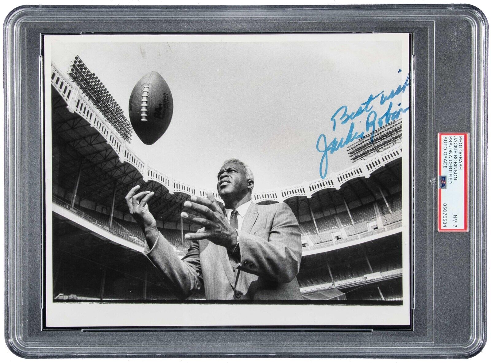 Rare Jackie Robinson Signed 8x10 Photo, 1970 Yankee Stadium Football. Auto PSA 7