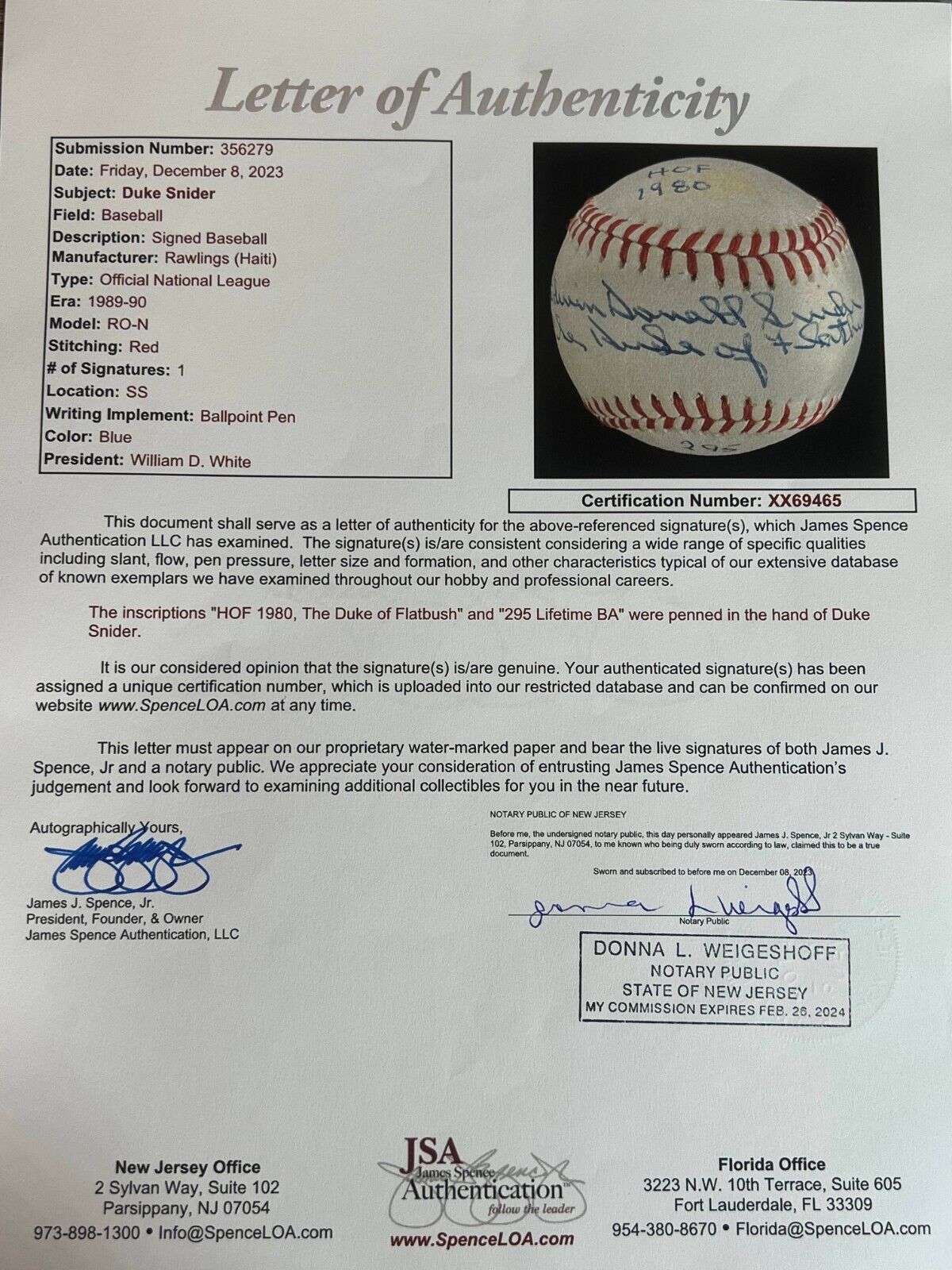 Duke Snider Full Name HOF Inscribed Signed Autograph Baseball. JSA signature